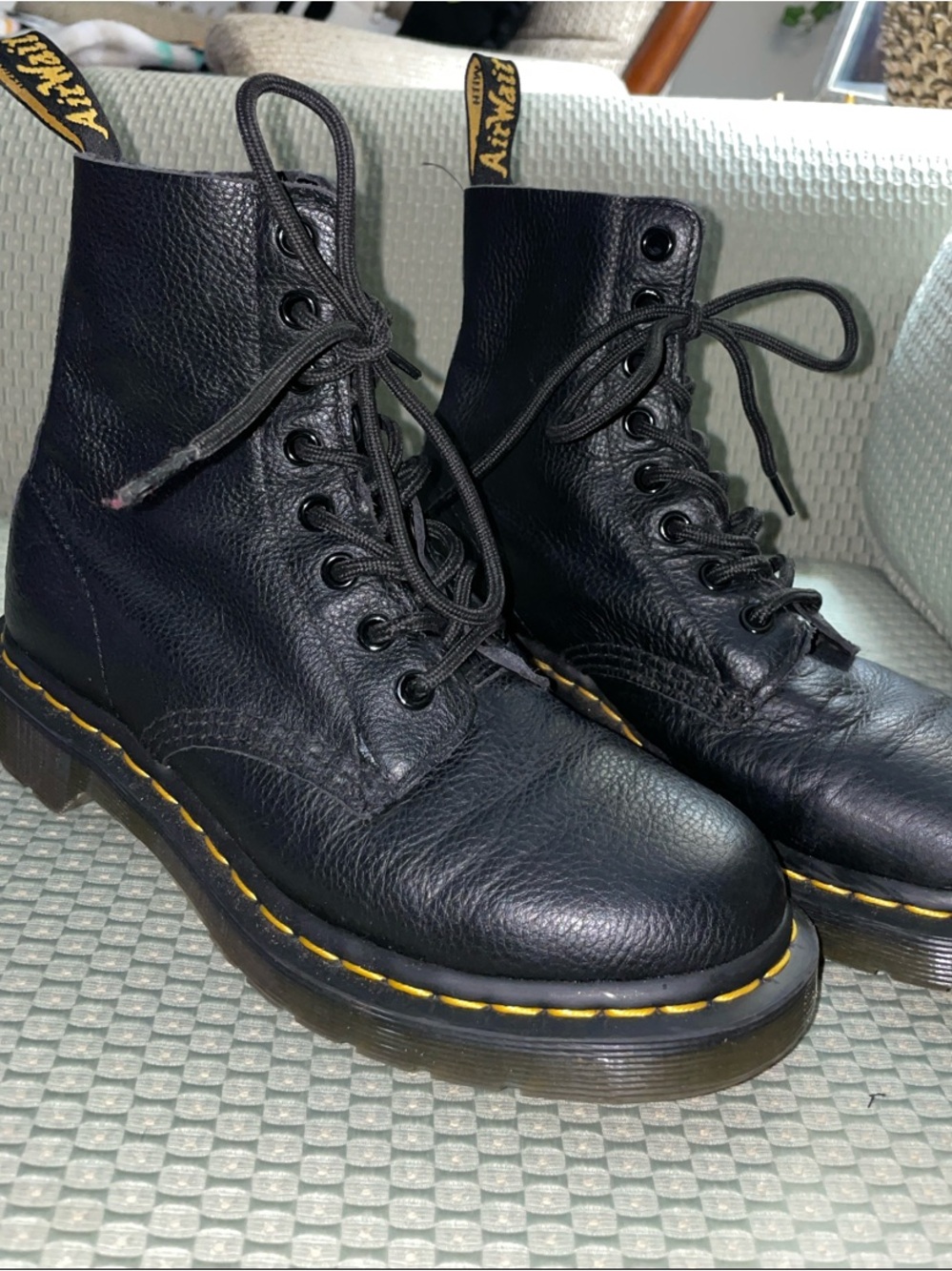 Dr. Martens Black Leather 8-Eye Lace-Up Combat Boots with Yellow Stitching